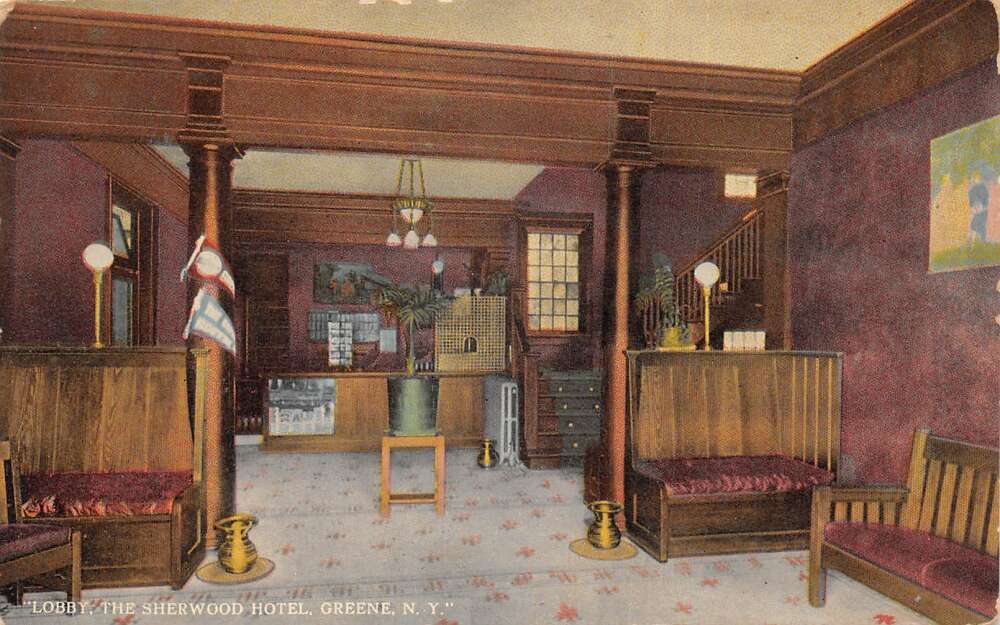 Hand-colored vintage postcard of the Sherwood Hotel lobby showing original mosaic floor, wood columns, and gas-style lighting